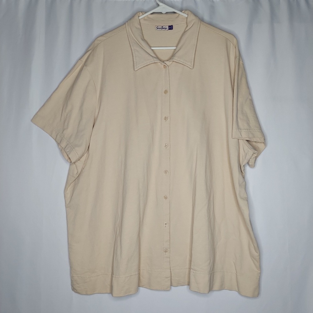 Sun Bay Button Collar Shirt Women 2X Beige Cotton Fleece Knit Short Sleeve
